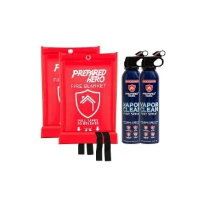 Prepared Hero Emergency Fire Blanket + Vapor Clean Fire Spray 2 Pack - Extinguisher for Home, Kitchen, Vehicle, Camper