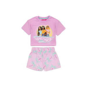 Barbie Girls Short Pyjamas Kids Rise And Shine Fashion Doll Pink Crop T-Shirt Elasticated Shorts Sleepwear