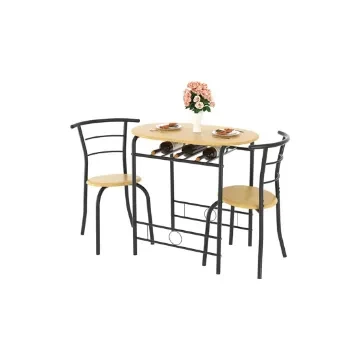 VECELO 3 Piece Small Round Dining Table Set for Kitchen Breakfast Nook, Wood Grain Tabletop with Wine Storage Rack, Save Space, Natural & Black