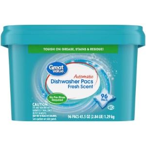 Great Value Pacs Dishwasher Detergent Pods, Clean and Fresh Scent, 45.5 Ounce, 96 Count