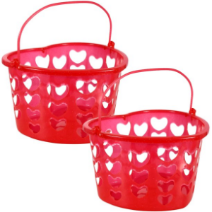 Heart Shaped and Slotted Pink Baskets Bucket with Handles for Valentines Day Plastic Bin Container Party Supplies Home Kitchen Treat Vegetable Bathroom Shower Storage Organizer Gift Basket Set of 2