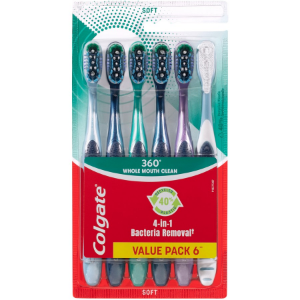 Colgate 360° Manual Toothbrush with Tongue and Cheek Cleaner, Soft,6 Count