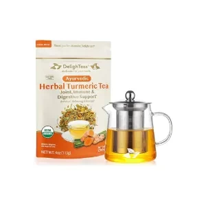DelighTeas Organic Turmeric Ginger Tea with Glass TeaPot | Ayurvedic Loose Leaf Herbal Tea for Joint, Immune & Digestive Support