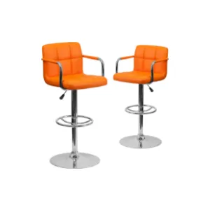 Flash Furniture Genna 2 Pk. Contemporary Orange Quilted Vinyl Adjustable Height Barstool with Arms and Chrome Base