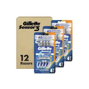 Gillette Sensor3 Comfort Disposable Razors for Men, 12 Count, Water-Activated Comfortgel Technology